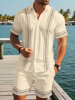 Men's Geometric Trim Resort Shirt and Drawstring Shorts Set