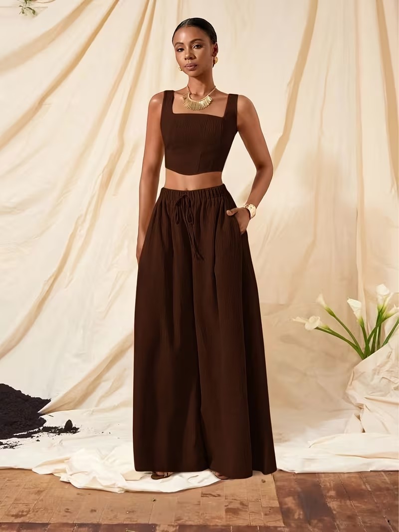 Women's Square Neck Crop Top and Wide-Leg Pants Set