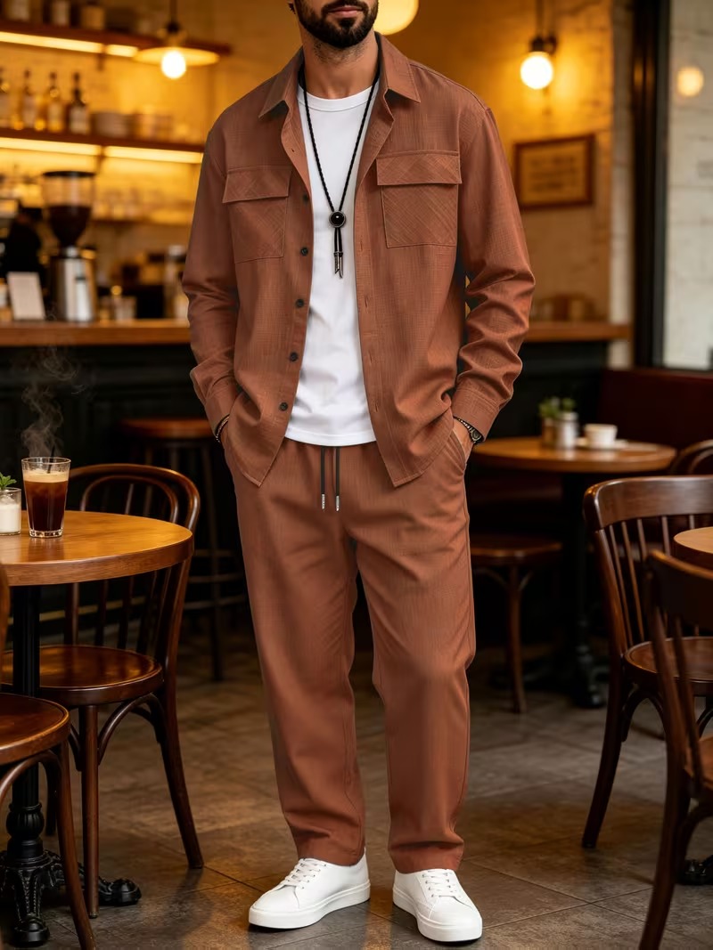 Men's Cargo-Style Overshirt and Drawstring Pants Set